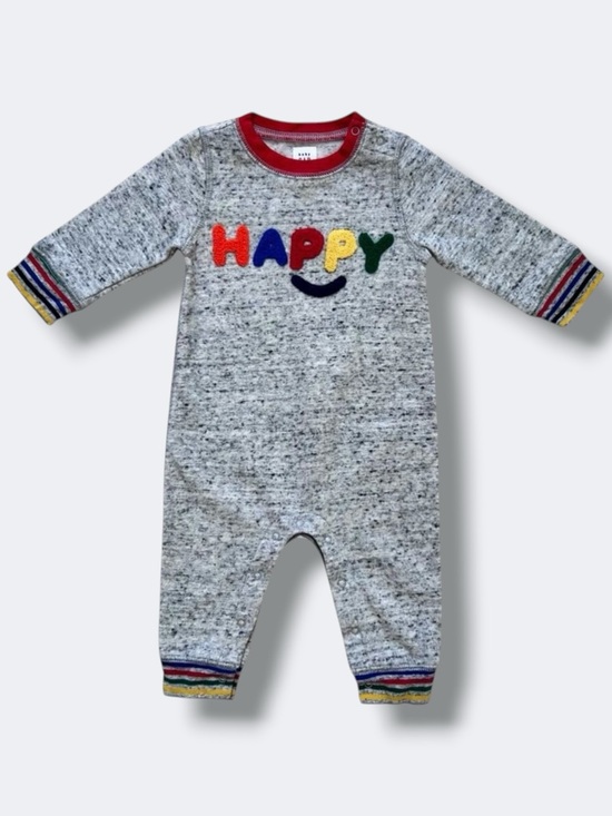 GAP Other - Baby Gap Knit Romper 3-6M Gray Rainbow Happy Graphic One Piece Long Sleeve